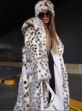 Hooded Leopard Print Faux Fur Long Coat