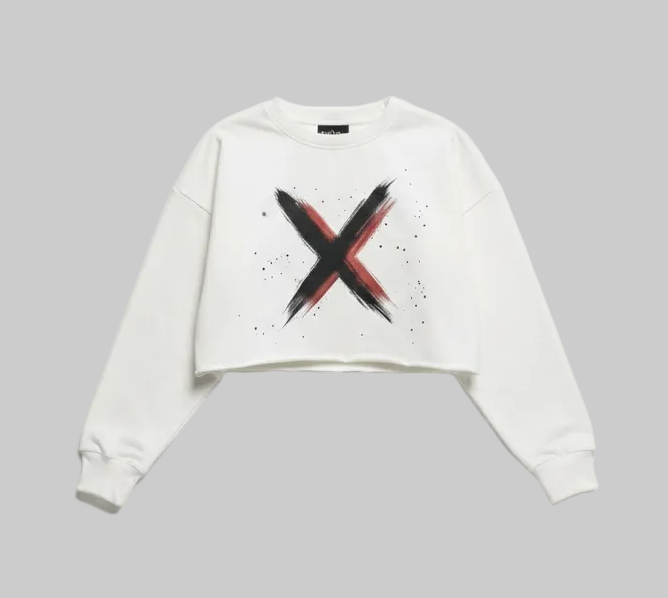 Brush X Cropped Sweatshirt – White Red Accent