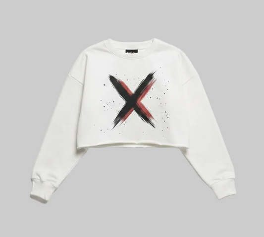 Brush X Cropped Sweatshirt – White Red Accent