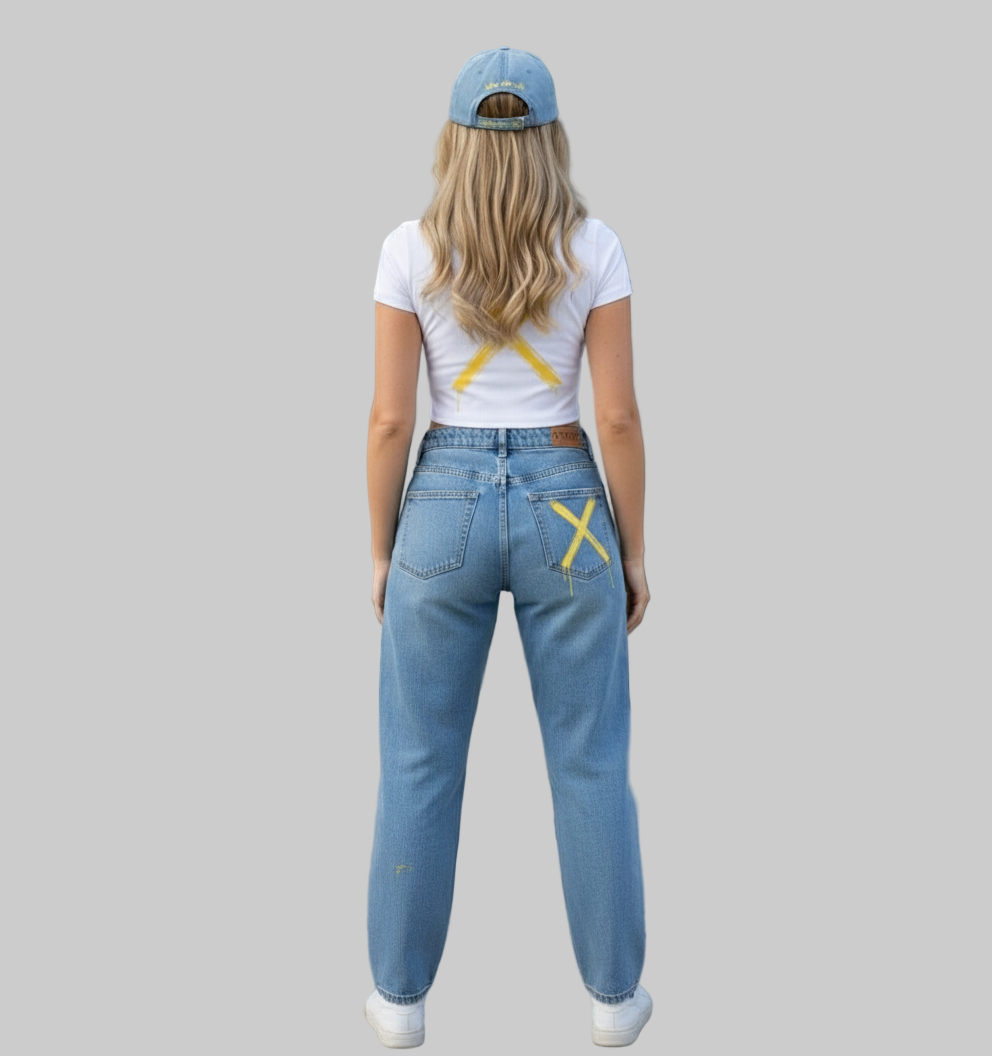 XTRME Light Blue “Take Risk” Paint-Drip Jeans — Women’s Edition
