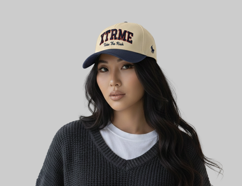 XTRME Beige &amp; Dark Blue-Grey Polo-Style Cap — Raised Embroidery Edition