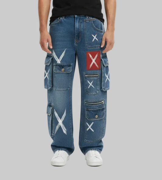 Abstract Cargo Jeans – Blue