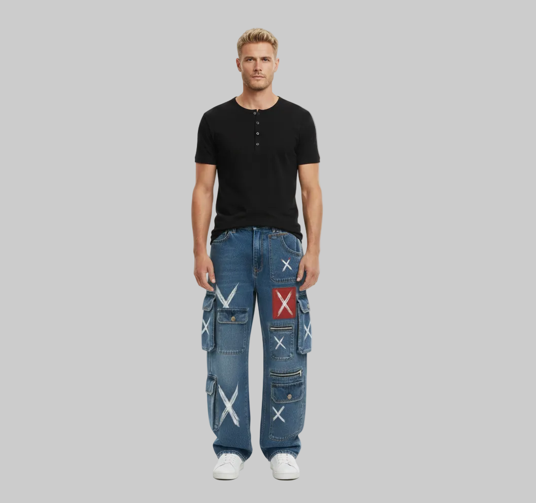 Abstract Cargo Jeans – Blue