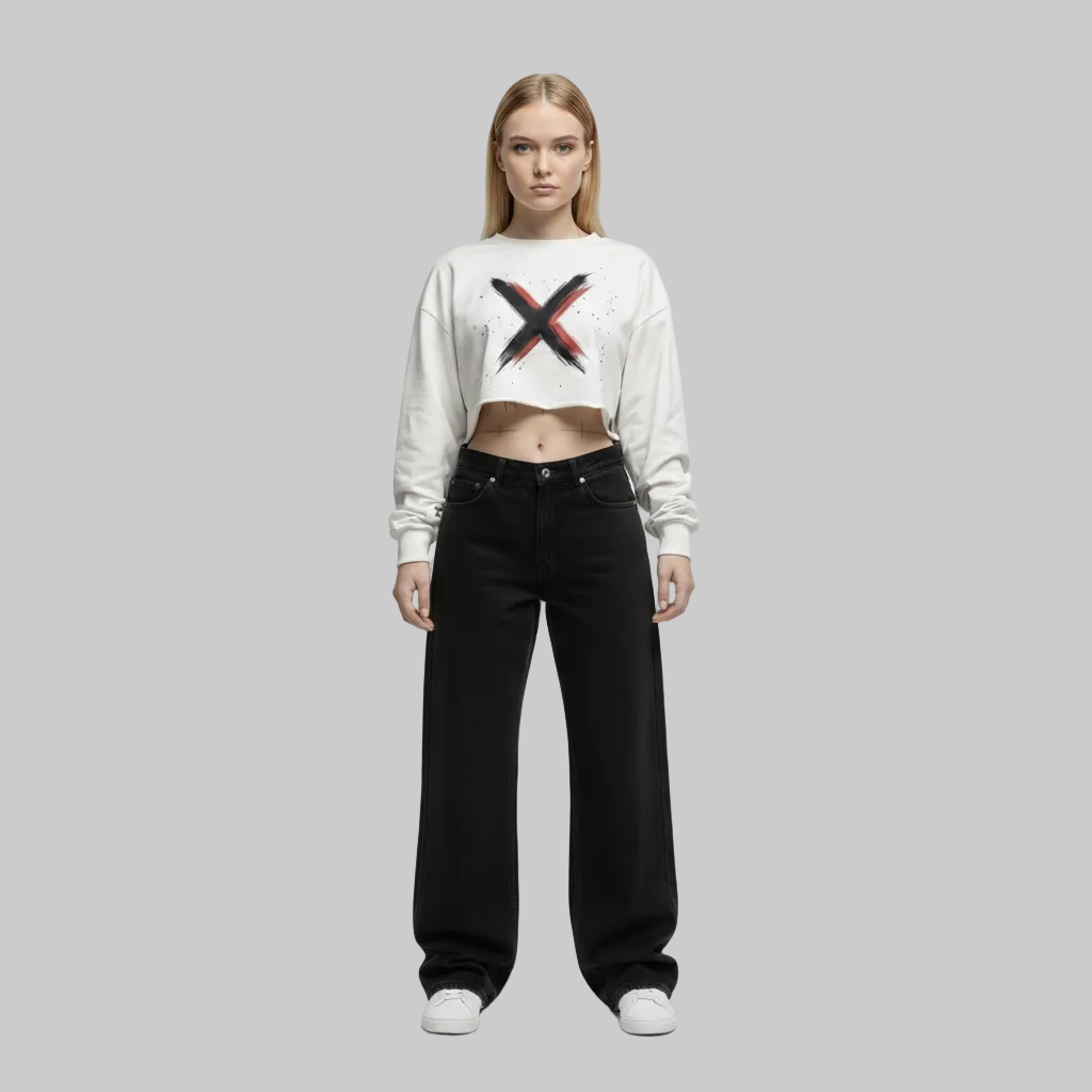 Brush X Cropped Sweatshirt – White Red Accent