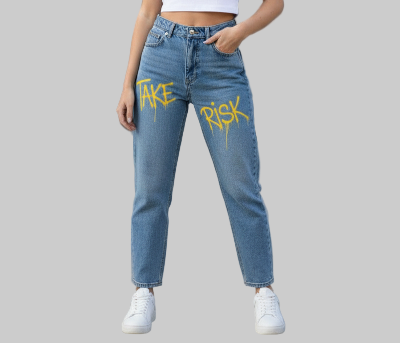 XTRME Light Blue “Take Risk” Paint-Drip Jeans — Women’s Edition