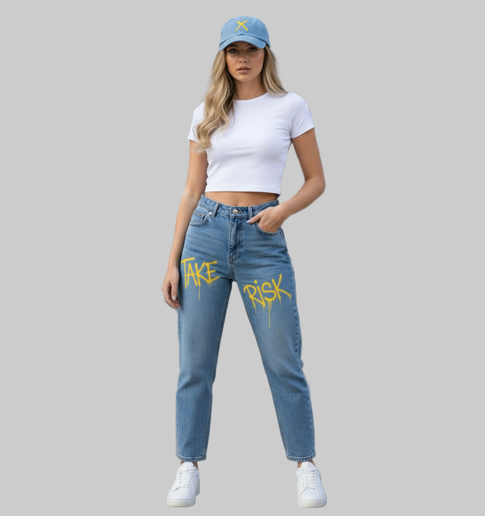XTRME Light Blue “Take Risk” Paint-Drip Jeans — Women’s Edition