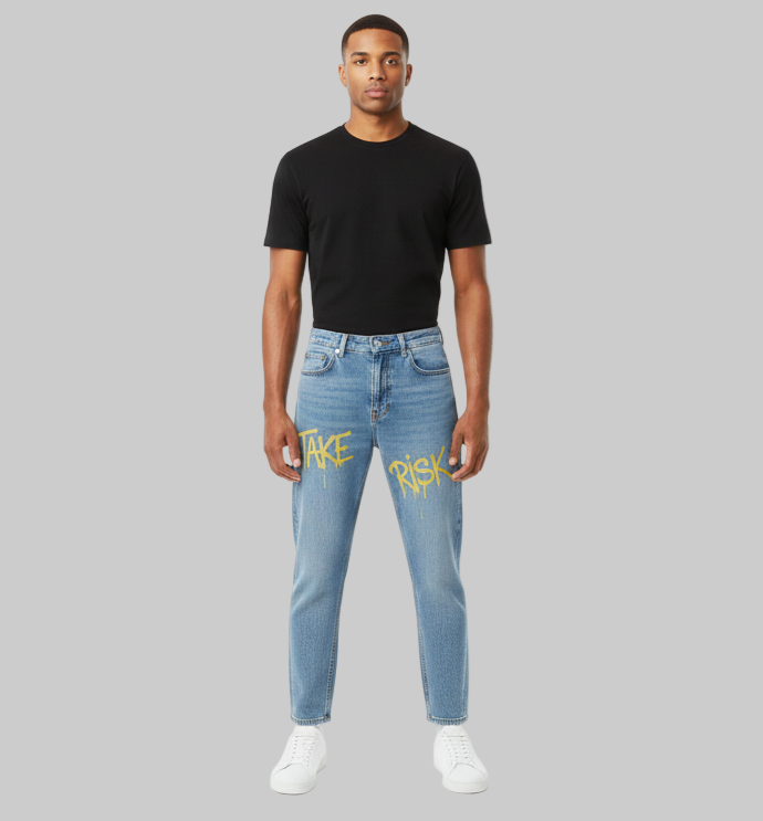 XTRME Light Blue “Take Risk” Paint-Drip Jeans — Men’s Edition