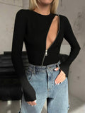 Solid Zipper Slim Fit Long Sleeve Woolen Top