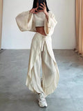 Linen Blend Crop Top Elastic Waist Ruffled Pant Set