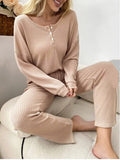 Waffle Knit Tops Lace-up Trousers Two-piece Set