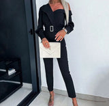 Oblique Shoulder Collar Waist Jumpsuit