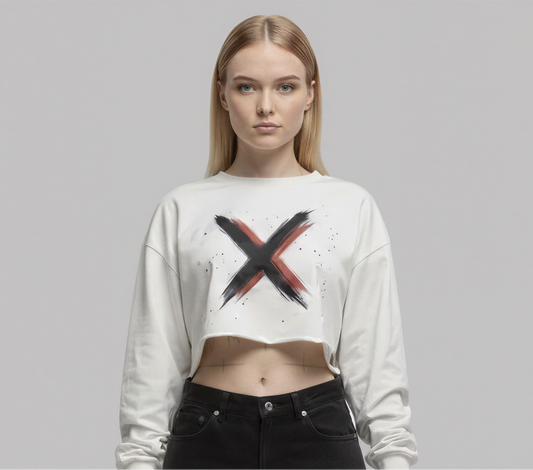 Brush X Cropped Sweatshirt – White Red Accent