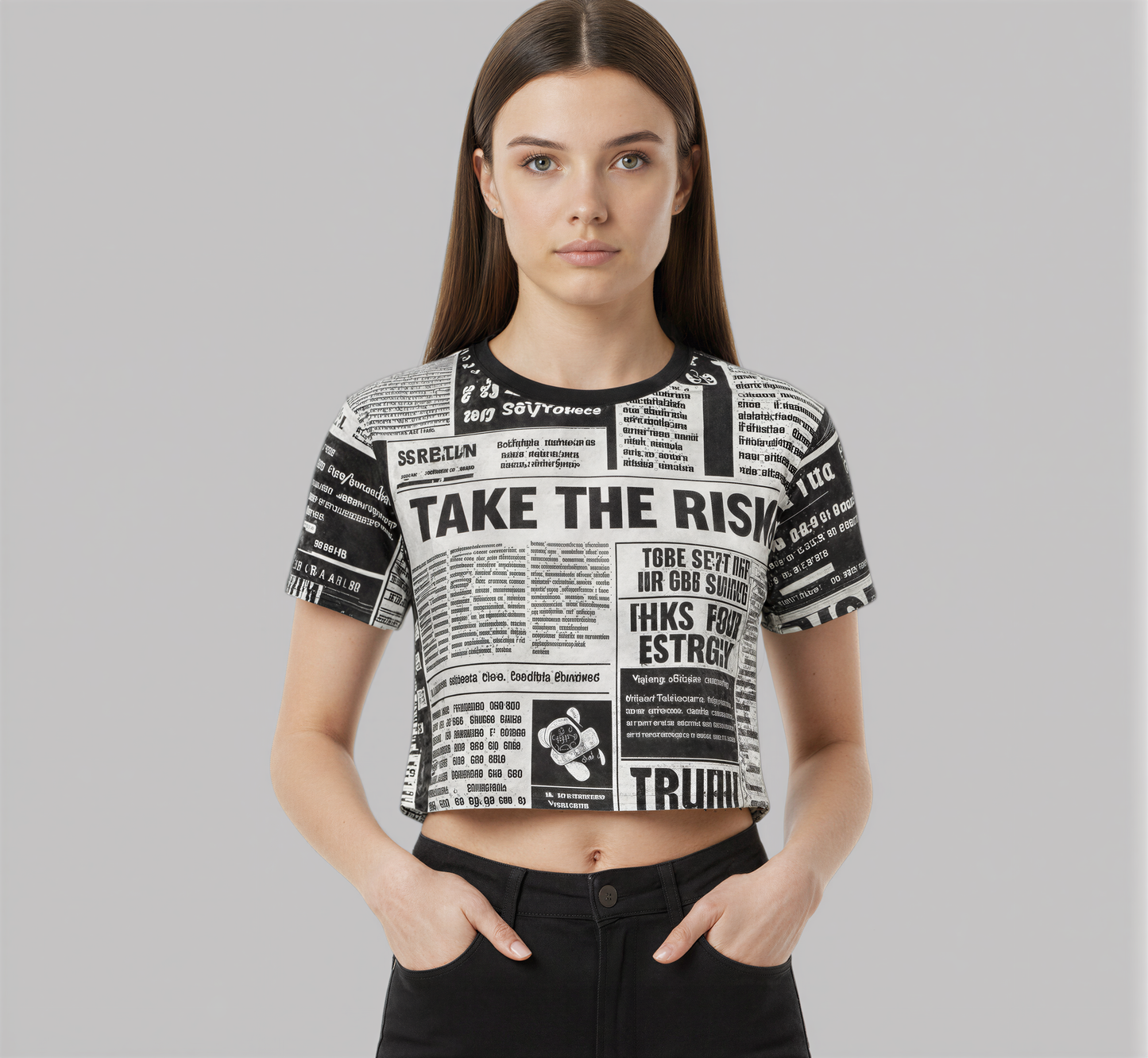Newspaper Crop Tee - Black & White