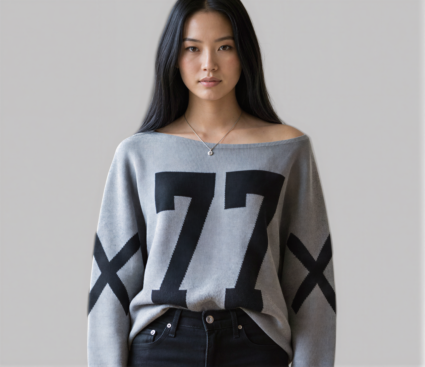 Lightweight Knit Sweater “77” – Grey