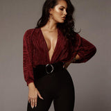 Burgundy pleated loose V-neck long-sleeved jumpsuit