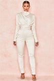 white satin pleated waist slim slimming jumpsuit.