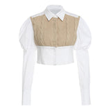 knitted twist wool stitching cotton puff sleeve shirt