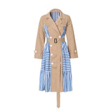 Striped stitching khaki belted waist long trench coat.