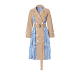 Striped stitching khaki belted waist long trench coat