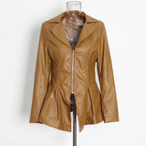 Ruffle trim motorcycle PU leather jacket.