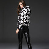 houndstooth print white duck down jacket.