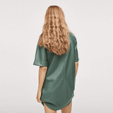 PU leather short-sleeved green mini dress.