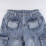 American washed multi-pocket jeans pants - The Woman Concept