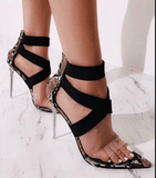 crystal heel elastic band snake pattern net sandals - The Woman Concept