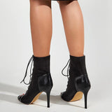 Lace-Up Stiletto Heels Black Boots.