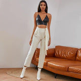 Knotted Belt White Women Pants.