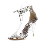 Snakeskin Clear Crystal Wedge High Heel Sandals.