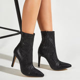 Leather Zippers Black Pointy Toe Stiletto High Heel Boot.