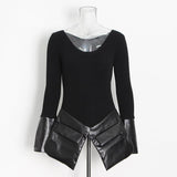 Irregular stitching knitted leather round neck slim sweater.