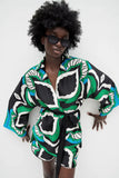 Bermuda print three-piece long-sleeved shirt loose suit.