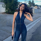 retro style slim denim jumpsuit