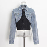 Two-piece set black and white stitching denim jacket + Pants