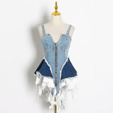 lotus leaf stitching slim blue denim dress.