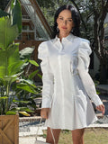 collar fold waist puff sleeve shirt dress.