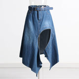 High waist stitching irregular denim skirt.