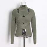 Hollow high neck tie elastic slim short sweater.