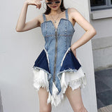 Lotus Leaf Stitching Slim Blue Denim Dress