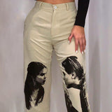 Love Portrait Print Casual Straight Pants