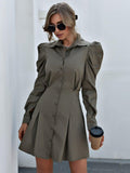 Collar Fold Waist Puff Sleeve Shirt Dress